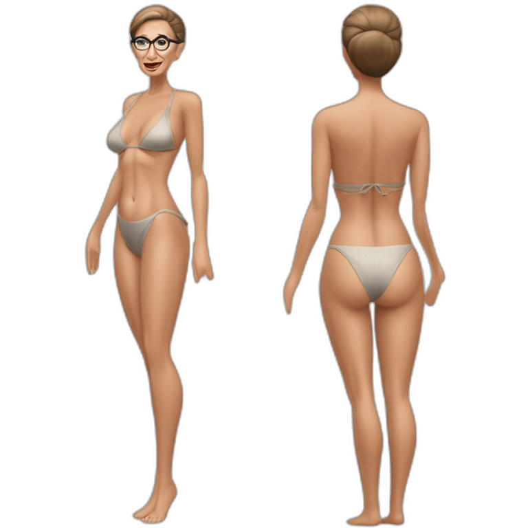 sexy ruth bader ginsburg wearing string bikini with crotchless bikini bottoms bare chest acting out that scene from basic instinct (full body, ios17, sitting legs apart) emoji