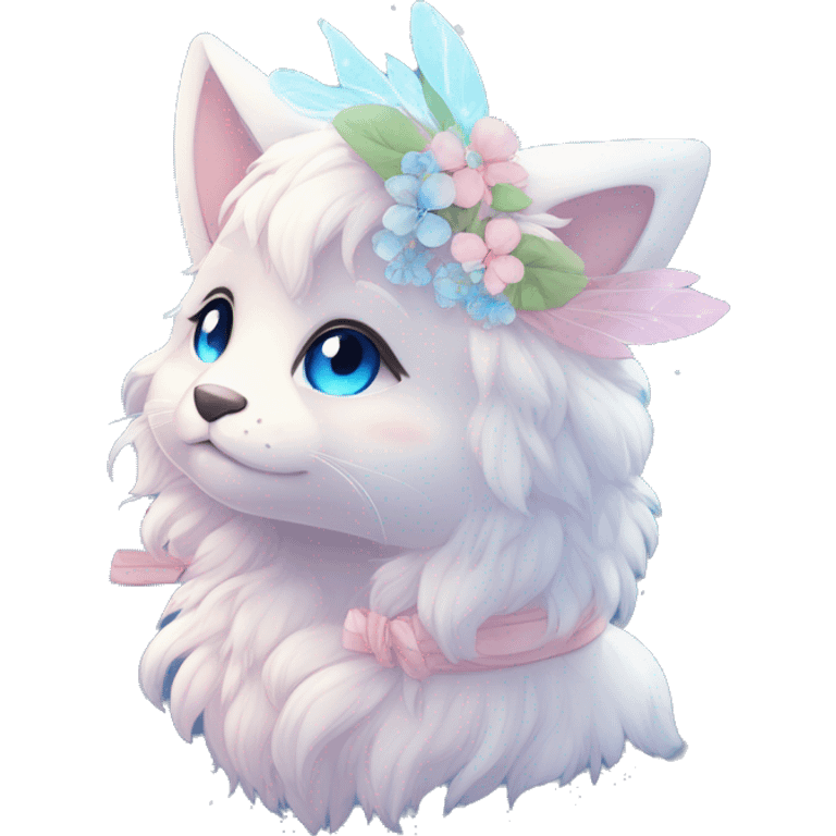 Anthro Cute Cool Blushing Pastel Innocent Shy Kawaii gorgeous sparkly ethereal fantasy anime animal creature with blue eyes furry sona with flowers and ribbons beautiful aesthetic emoji