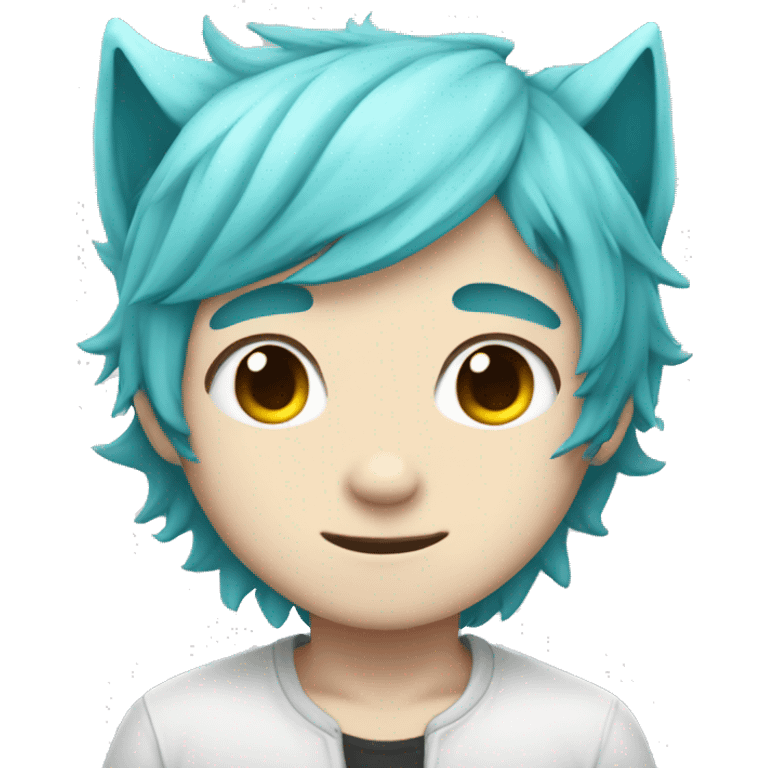 chibi white skin cyan hair boy with wolf ears happy emoji