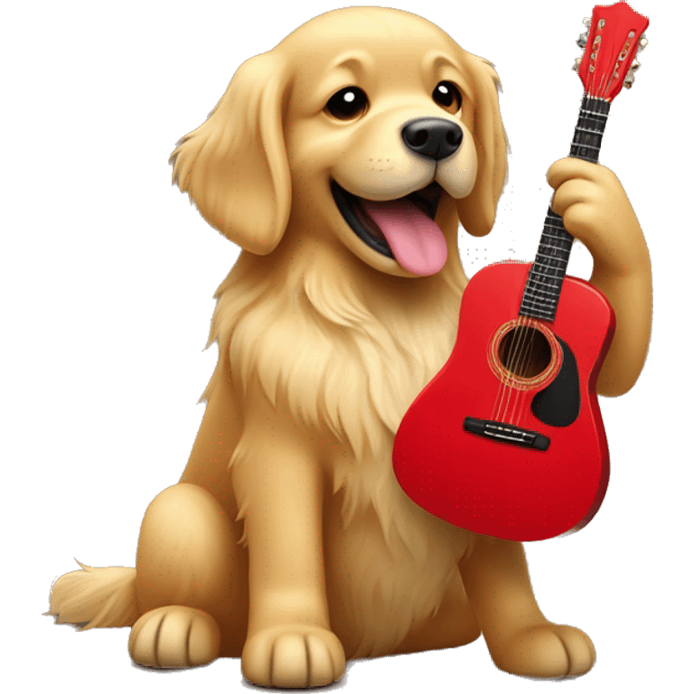 Golden retriever strumming a red guitar  emoji