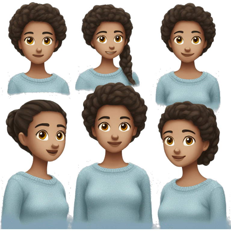 teenage girl, hispanic, freckles, afro brown hair, pony tail, short hair, brown eyes, light blue sweater, winter sweater, freckles emoji