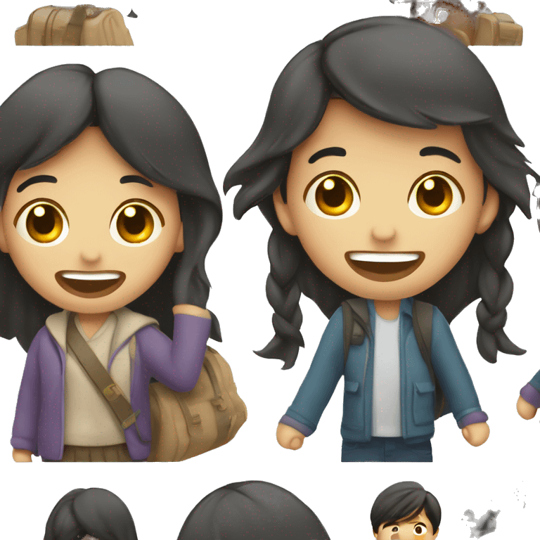 Cute Asian couple (girl with wavy long hair guy with short straight hair) excitedly traveling  emoji