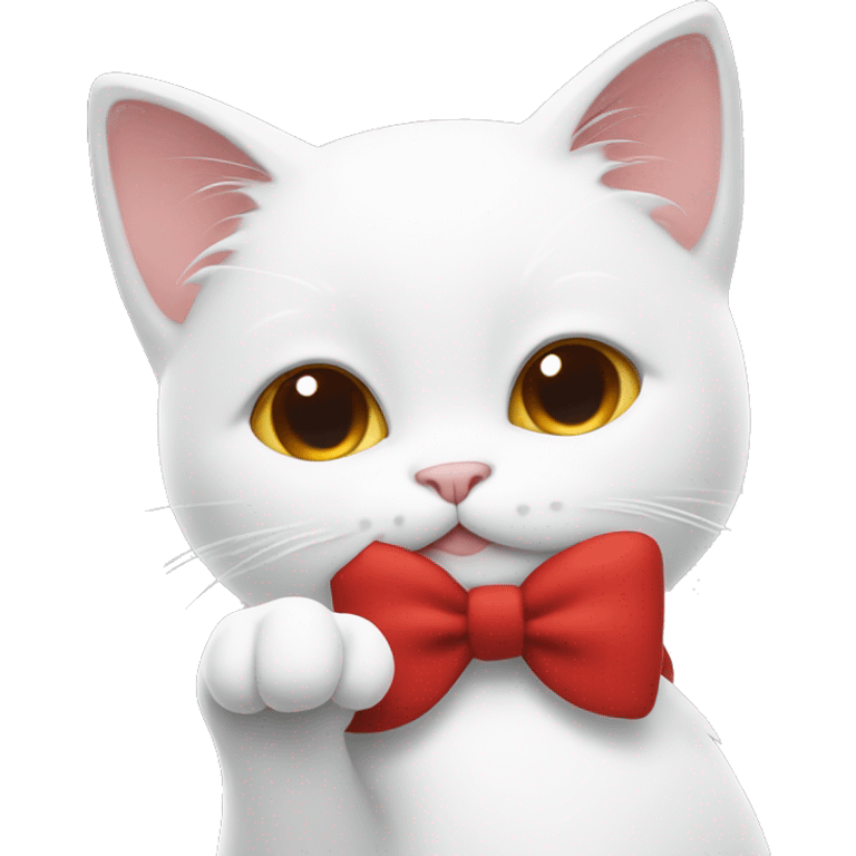 White cat cartoon with red bow doing a peace sign emoji