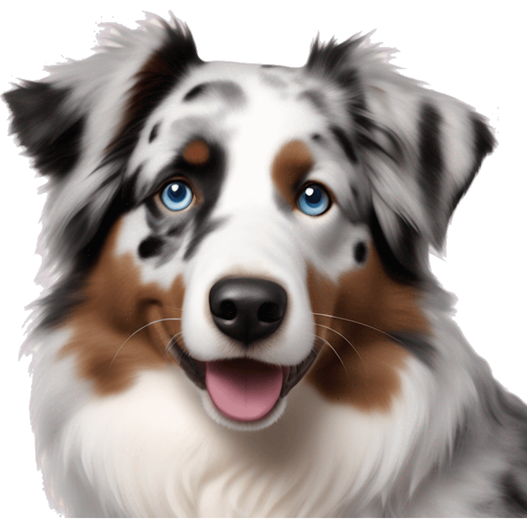 Brindle Australian Shepherd with black white and gray color pattern face is all white with blue eyes spots around eyes and spots on pink nose emoji