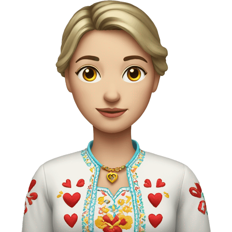 A Ukrainian woman in an embroidered shirt holds a heart in her hands emoji