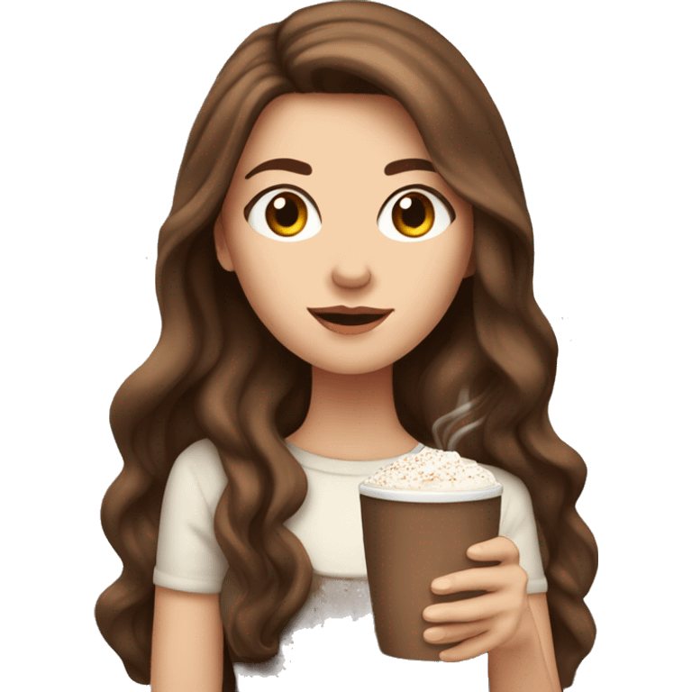 white girl with brown long hair and a hot chocolate emoji