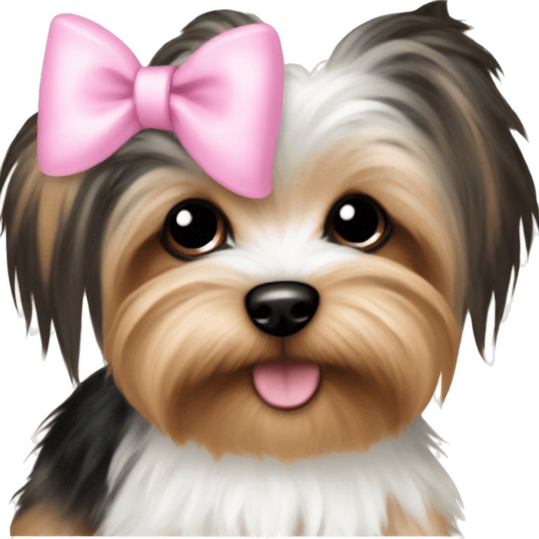 Tiny tiny white brown and black Yorkie puppy with a pink and white bow emoji