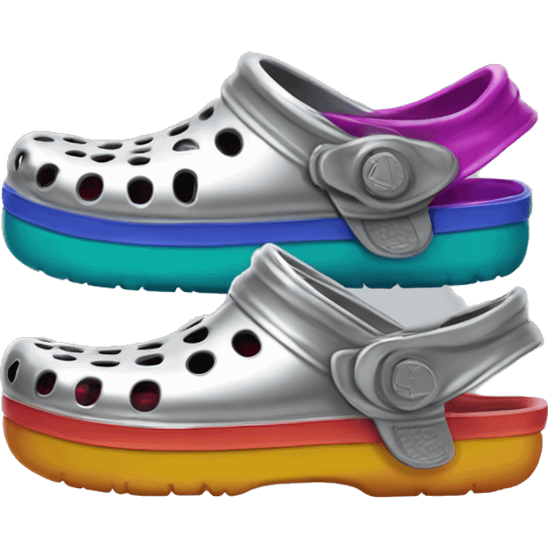 Realistic metallic silver and colorful pair of crocs shoes isolated.  emoji