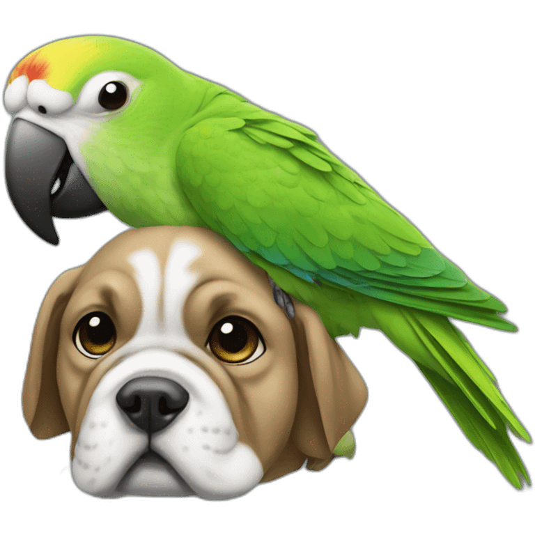 a green Parakeet sitting on a bulldog's head emoji