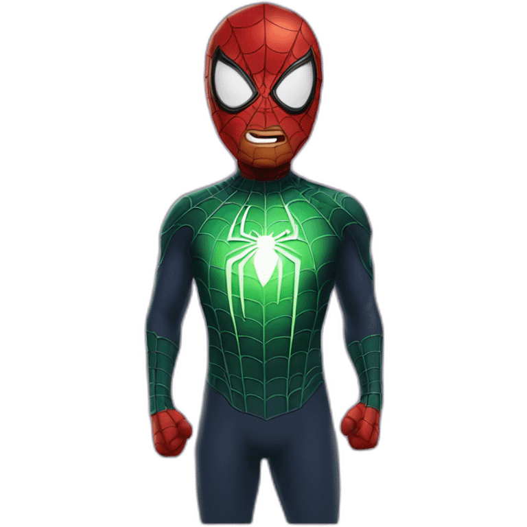 a man in a spider-man costume, but instead of a head there is a glowing light bulb emoji