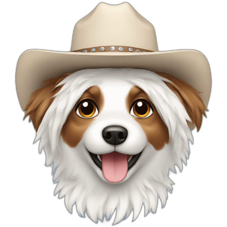 Happy small dog with white shaggy fur wearing a cowboy hat emoji