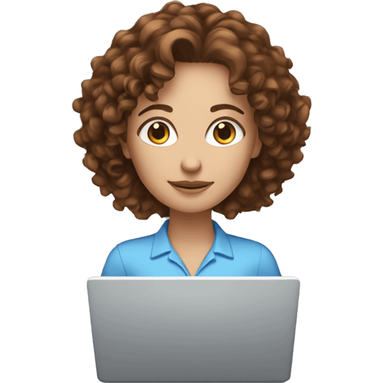 White women with the brown curly hair and blue eyes work at the laptop  emoji