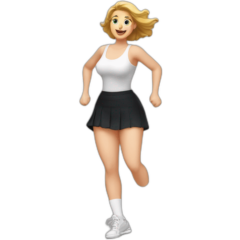 full-body-caucasian-curvy-beauty-jumping-short-black-skirt-back-and-front-views-strong-wind-knickers-long-white-socks emoji