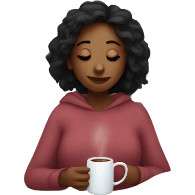 girl in bed by her window while it’s snowing outside drinking hot chocolate  emoji