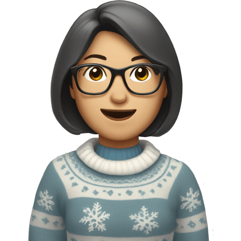 Asian woman with GLASSES AND bob, WEARING A frosty snowman sweater, shaking a cowbell emoji