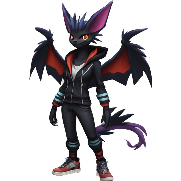 Cool Anthro Black Noivern-Absol-Litten-Pokémon with edgy stripes hoodie spiked collar punk Full Body emoji