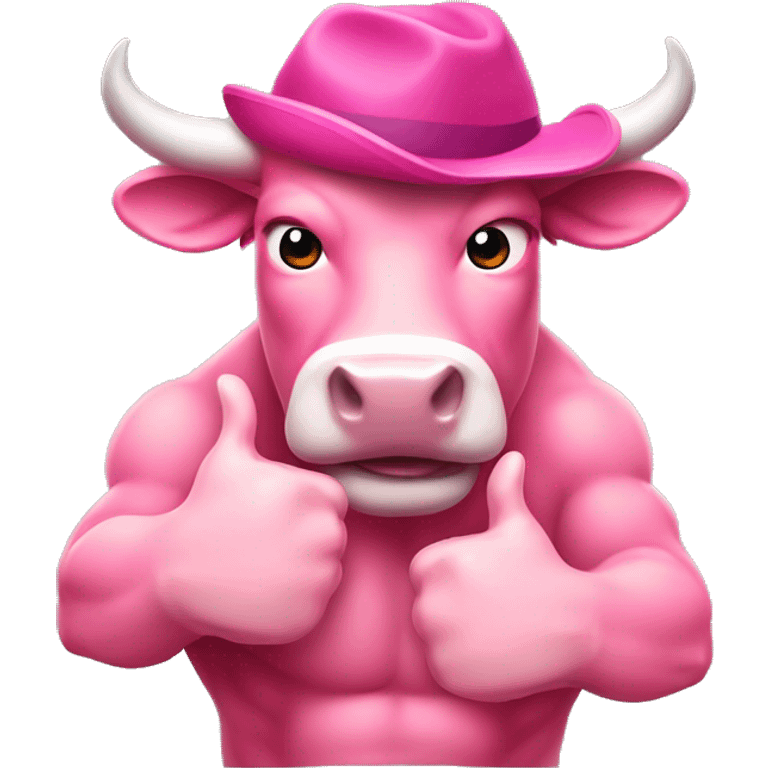 pink colour Bull wearing hat showing his six-pack muscles and giving a thumbs-up emoji