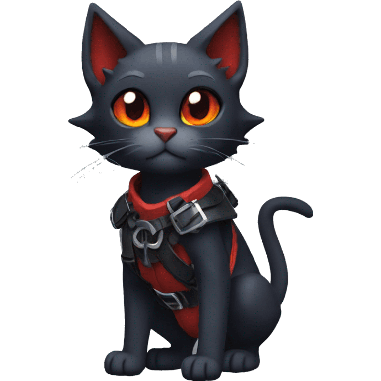 Cool Edgy Ethereal Litten-Nargacuga-Cat with black bat-wing-ears with a red harness full body emoji