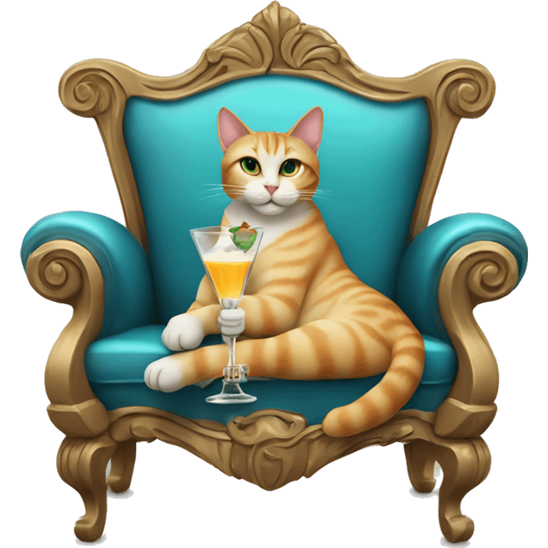 A cat lounging on a throne holding a fancy martini glass filled with milk emoji