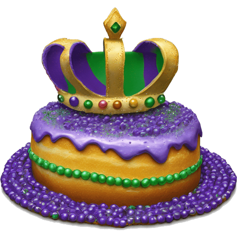 Realistic king cake isolated with Mardi Gras beads layed across the top of the  cake and small plastic baby to the side. emoji