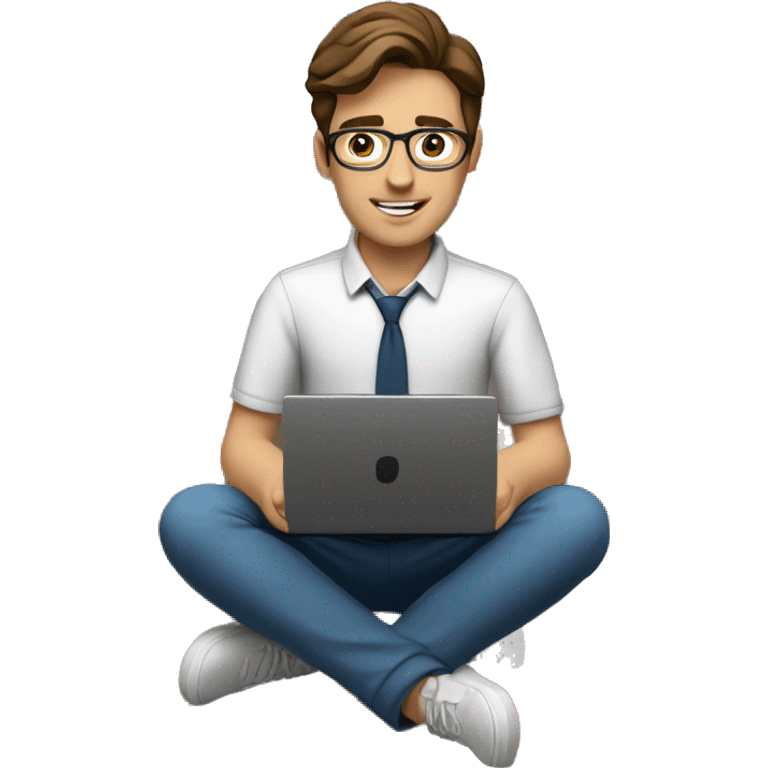 A young teacher (man) with brown hair with a laptop. No glasses. The background is a modern bookshelf.  emoji