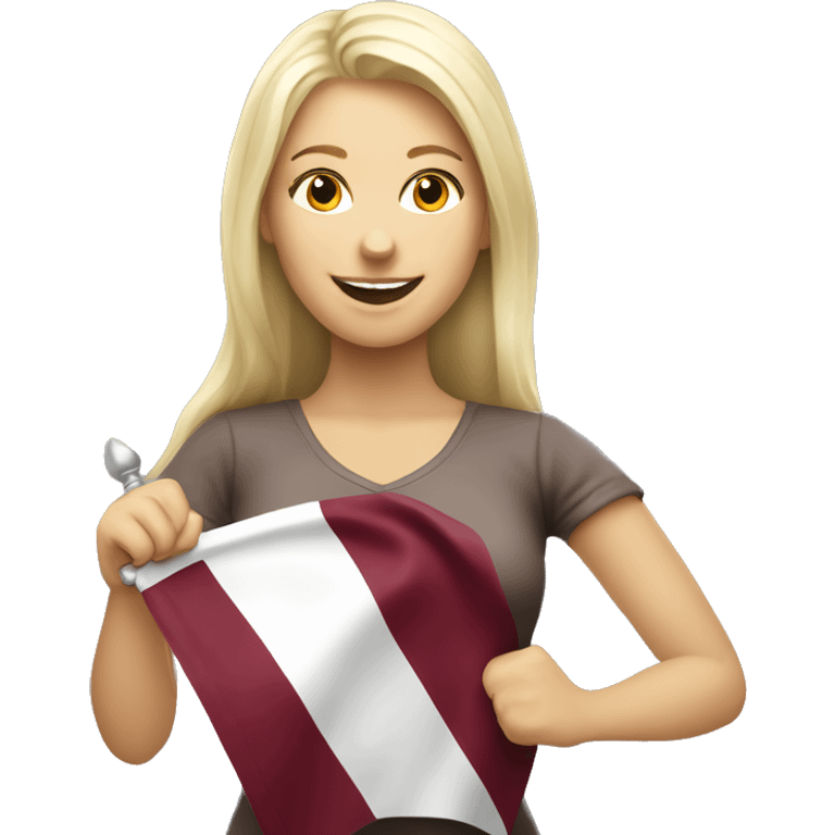 Happy blonde woman with a flag of Latvia in hands emoji