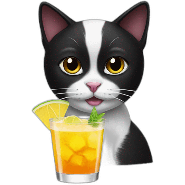 black and white cat with cocktail emoji