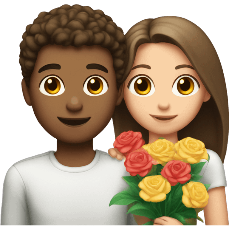 a boy with light skin and brown hair gives flowers to a brunette with light skin emoji