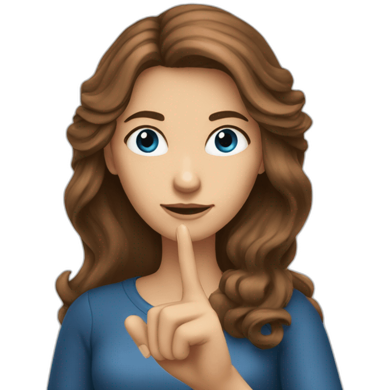 brown-haired woman with long hair, blue eyes shows her index finger emoji