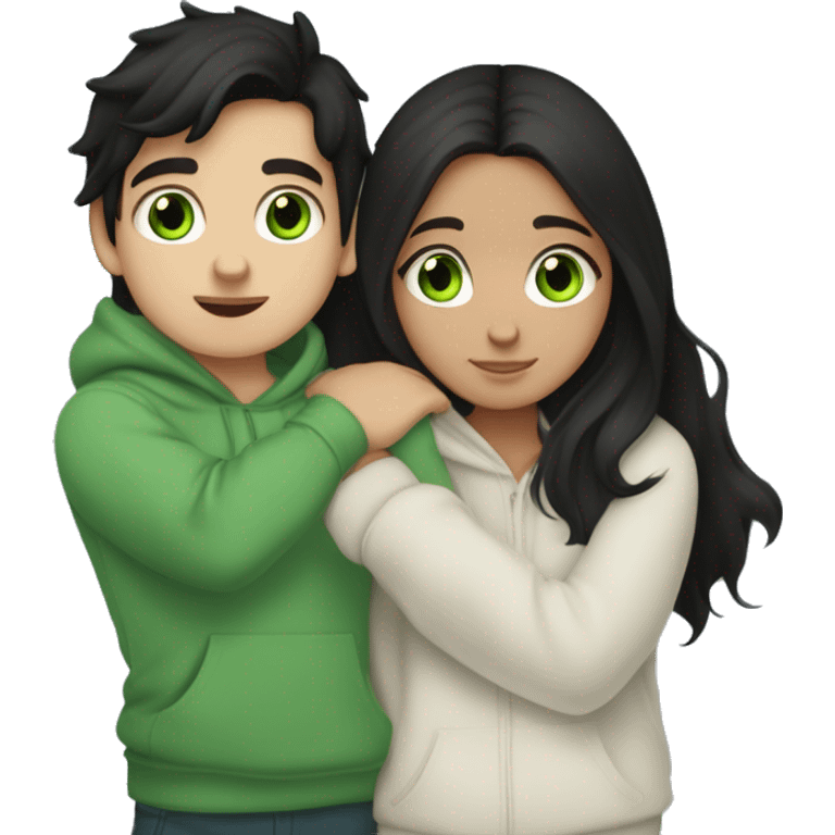 A black haired girl with green eyes who is approximately 5,2 with a black hoodie and pijamas hugging a blue eyed light brunette boy with freckles wearing pijamas and a white hoodie emoji