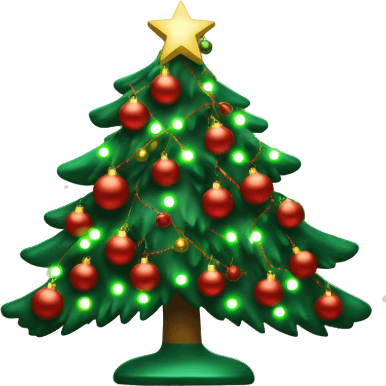 Decorated Christmas tree, red and green ornaments, glowing lights, festive look emoji