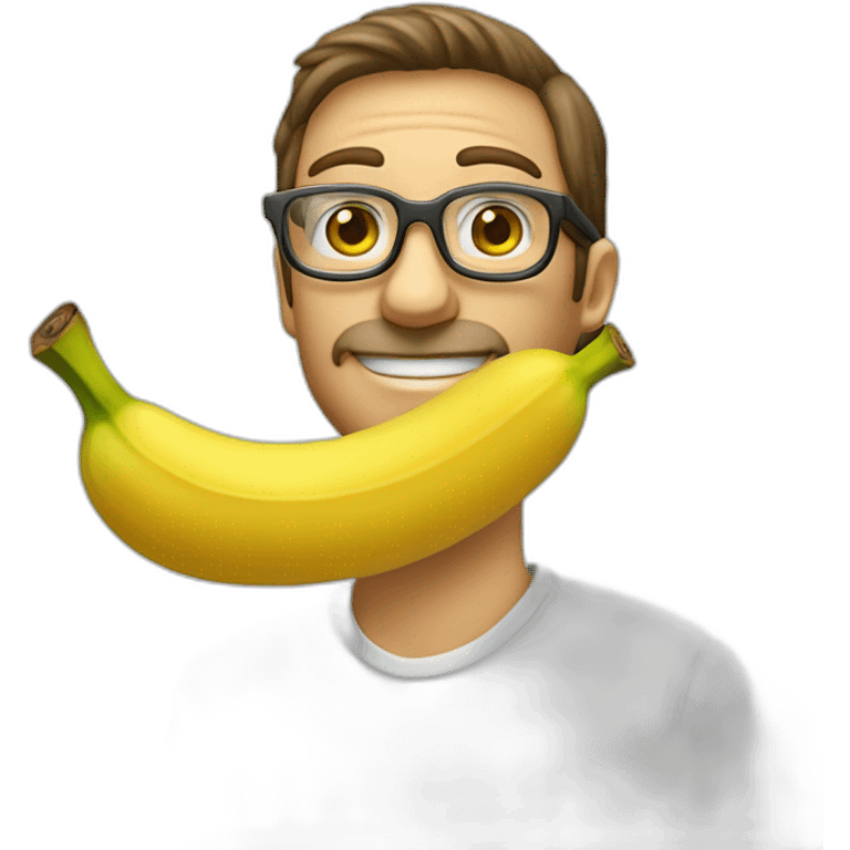 Uomo pelato con occhiali e pizzetto lancia una banana emoji