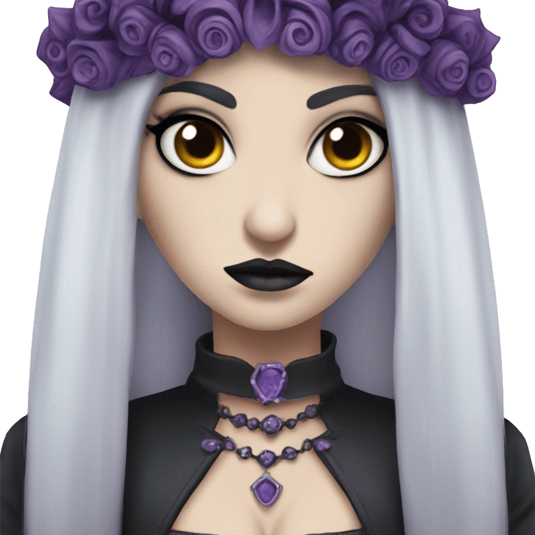 Angry looking Queen gothic girl long dark black and purple hair with  emoji