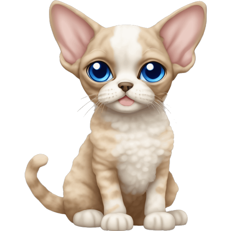 Beige curly fur Devon Rex Cat with blue eyes sitting next to a beige shih tzu   emoji