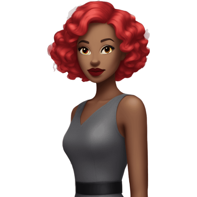 Pale Woman with short, dark curly red hair that is parted on the side, bright red lipstick, bright pink blush and dark cat-eye makeup emoji