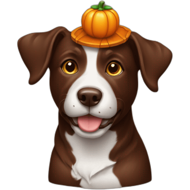 A chocolate doodle dog with a jack on lantern on its head emoji