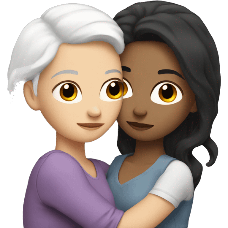 Lesbians cuddling. Both have long black hair and white skin. emoji