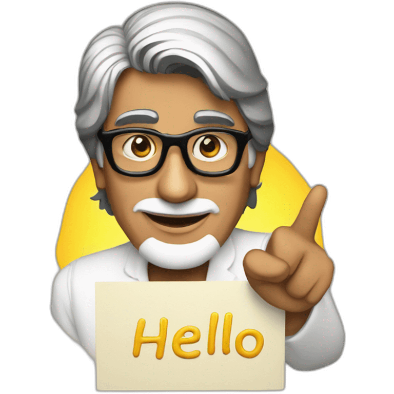 amitabh bachchan holding sign that says hello emoji