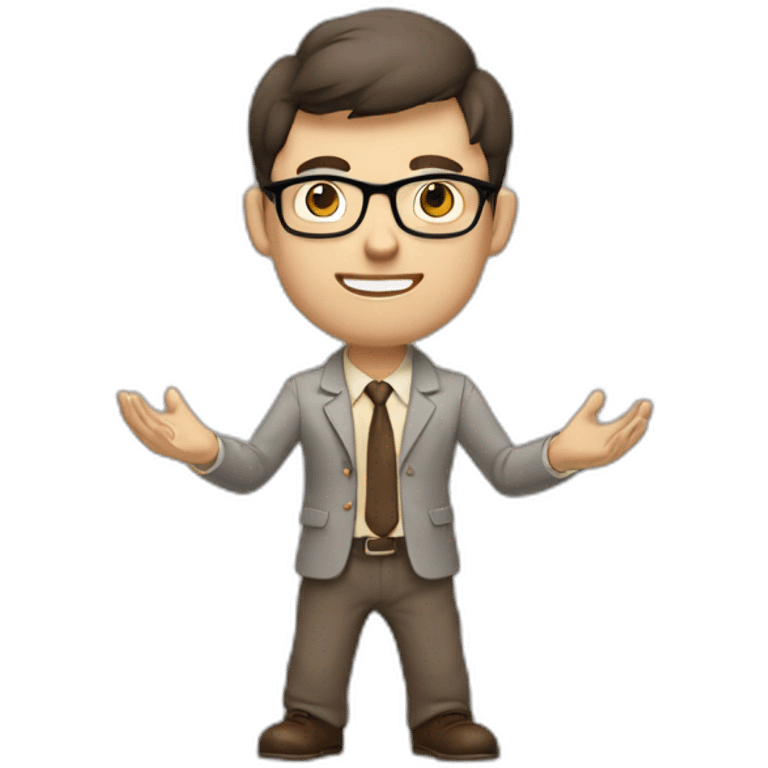 To belt Actively gesturing with hands Pale skinned fit man with dark brown hair in gray jacket, beige office shirt, brown tie, brown pants and vintage glasses. emoji