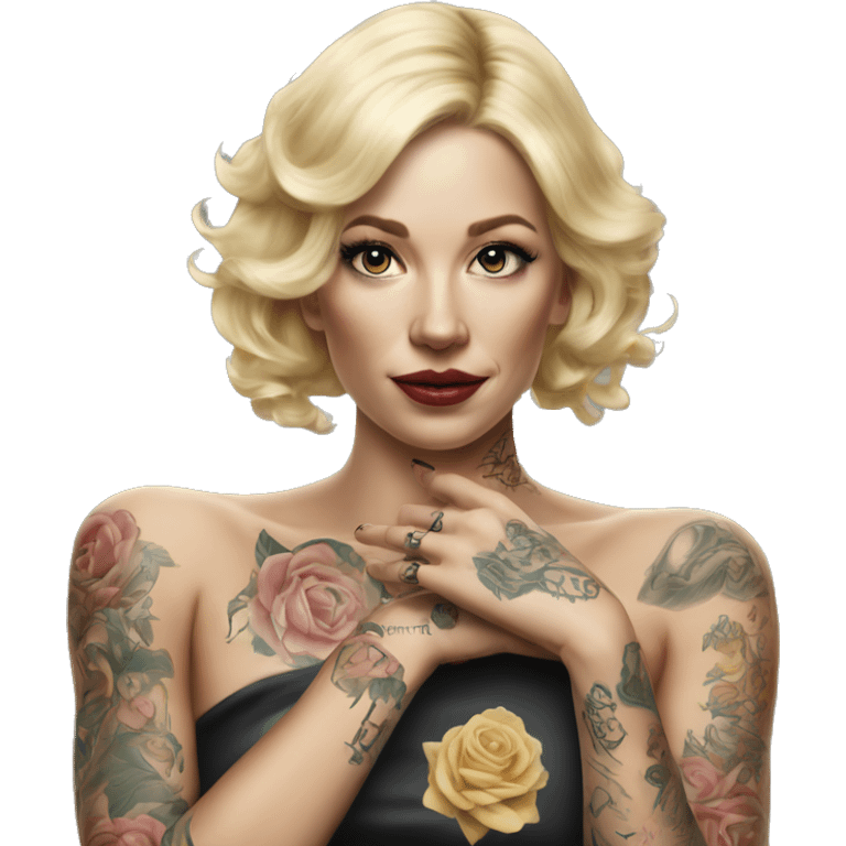 Blonde elegant women, her Body Covered with Tattoos, POINTING FORWARD with her HAND , Hyper realistic emoji