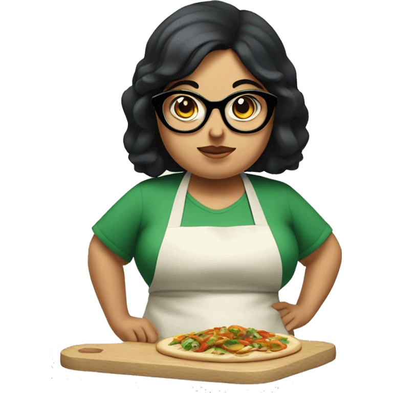 chubby lady with black hair and big eyes green apron  with glasses cooking  emoji