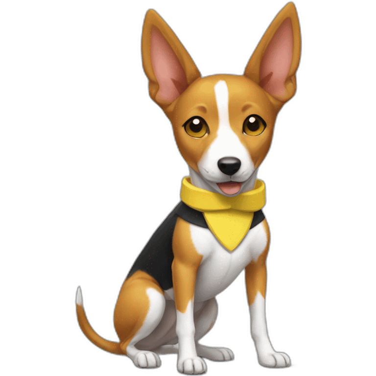 Tricolor Basenji wearing a pikachu suit emoji