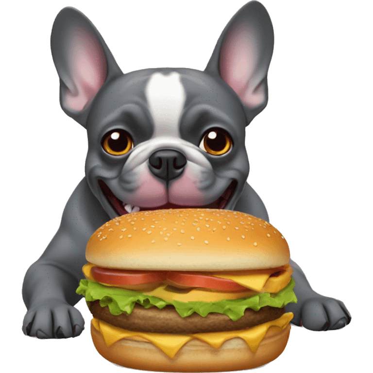 dark gray french bulldog eating burger  emoji