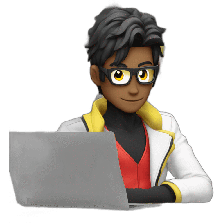 developer behind his laptop with this style :  goldorak manga anime with developer themed character emoji