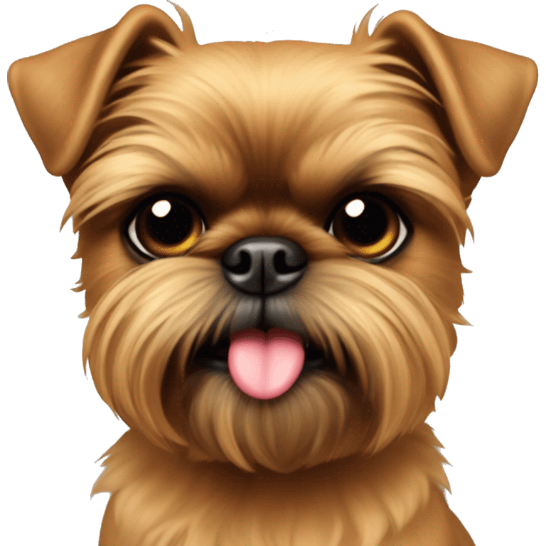 A face shot of an all tan Brussels griffon with black eyes ears sticking up and a tongue out emoji