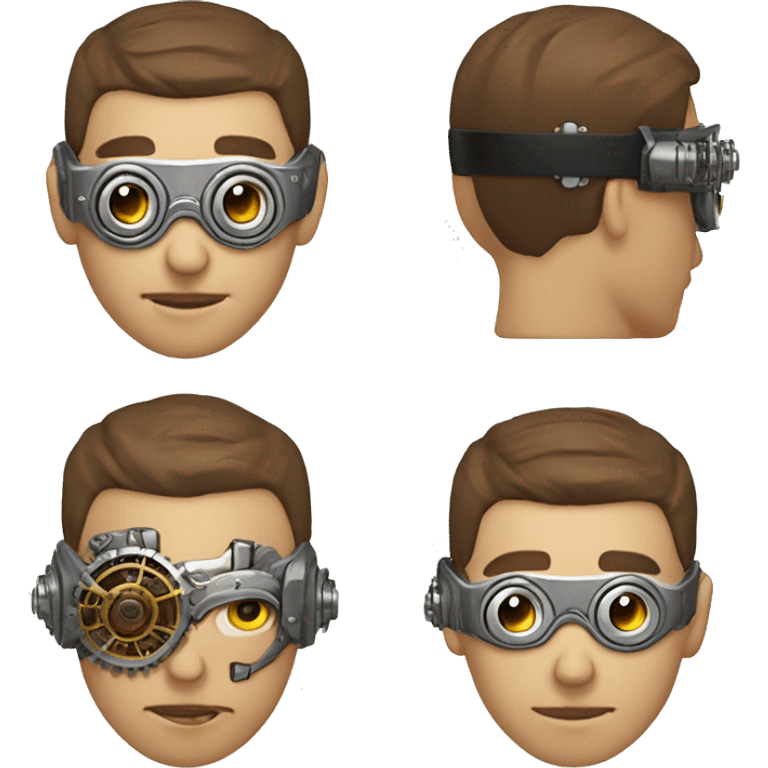 male cyborg head with brown short hair, brown beard, silver steampunk goggles and circuits emoji