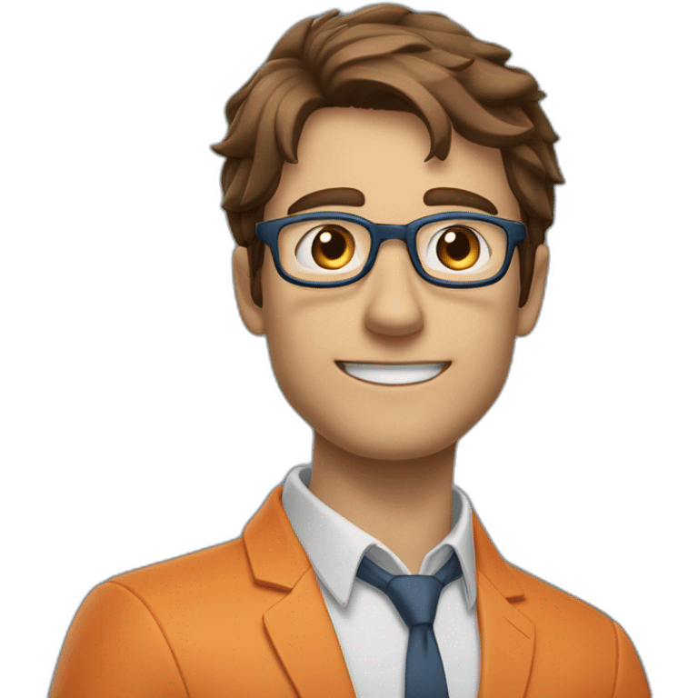 a guy with brown hair, square glasses, in an orange repairman's suit, blue eyes, stretches out his hand to the left emoji