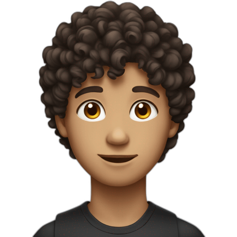 brunette boy with curly hair, eyes black emoji