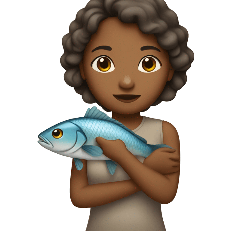 A brown girl holds a fish in her arms emoji