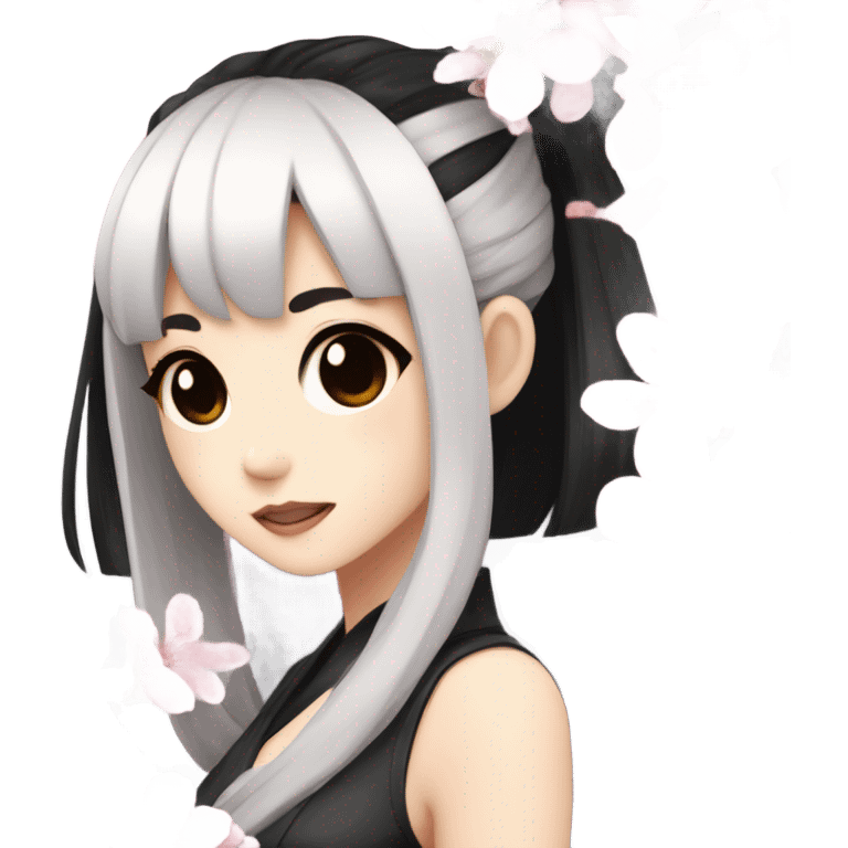 Anime girl with black hair holding a cherry blossom and black eyes emoji